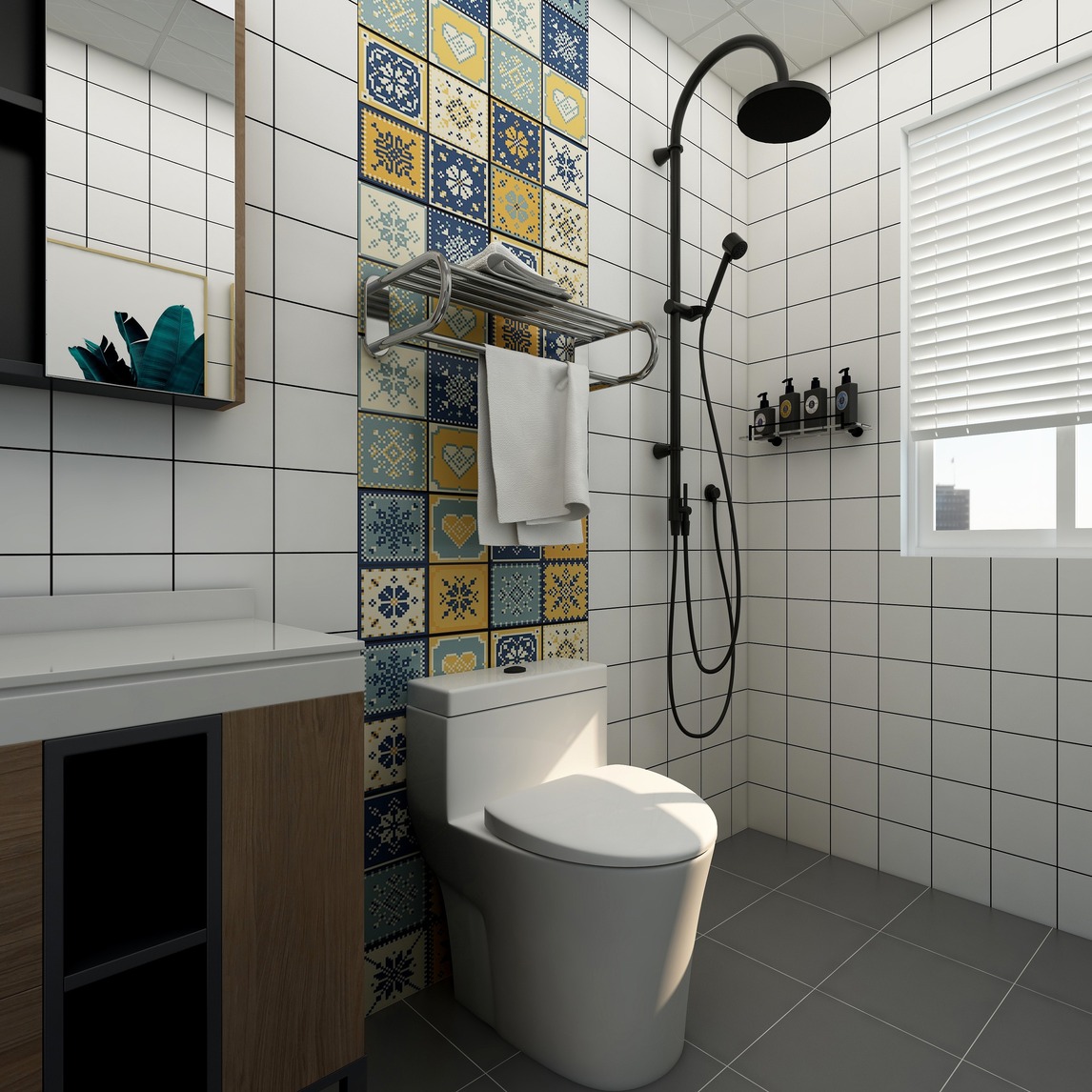 北欧卫生间花砖 - 简约格子建材设计效果图 - 每平每屋·设计家