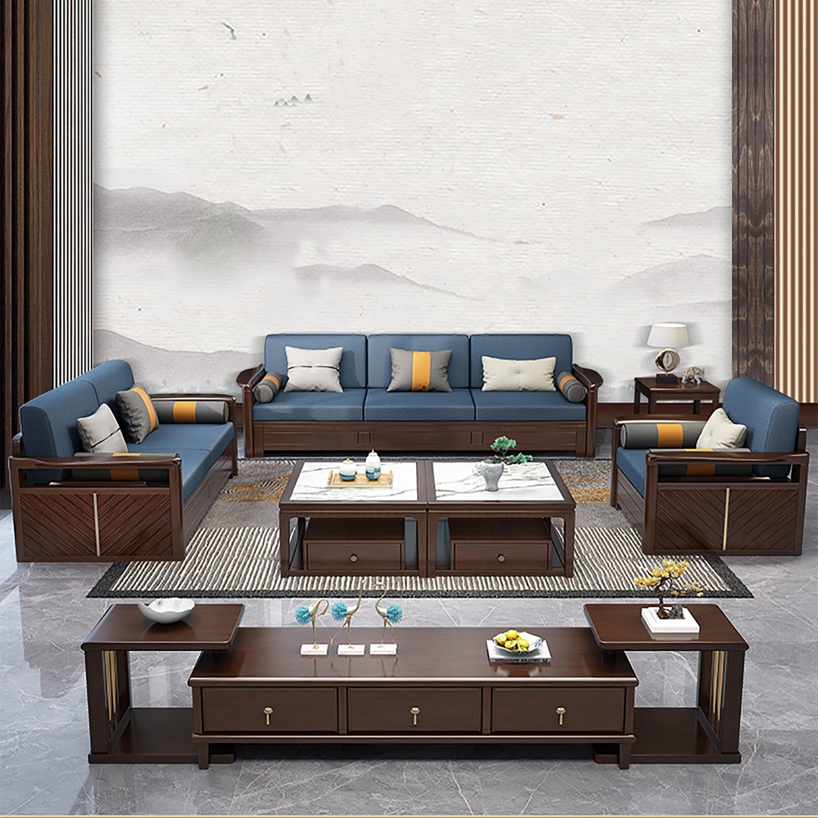 中式别墅实木沙发 ,实木软包结合