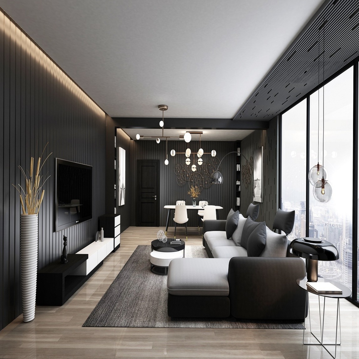 黑白灰,最简约的高级客厅 - 最爱黑白灰设计效果图 - 每平每屋·设计