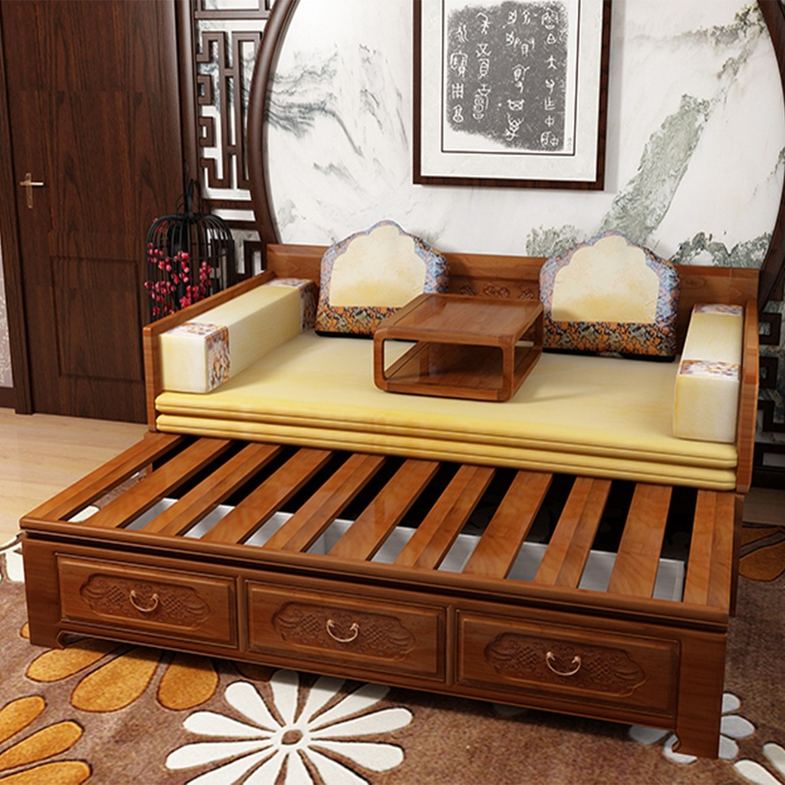 新中式罗汉床推拉床老榆木