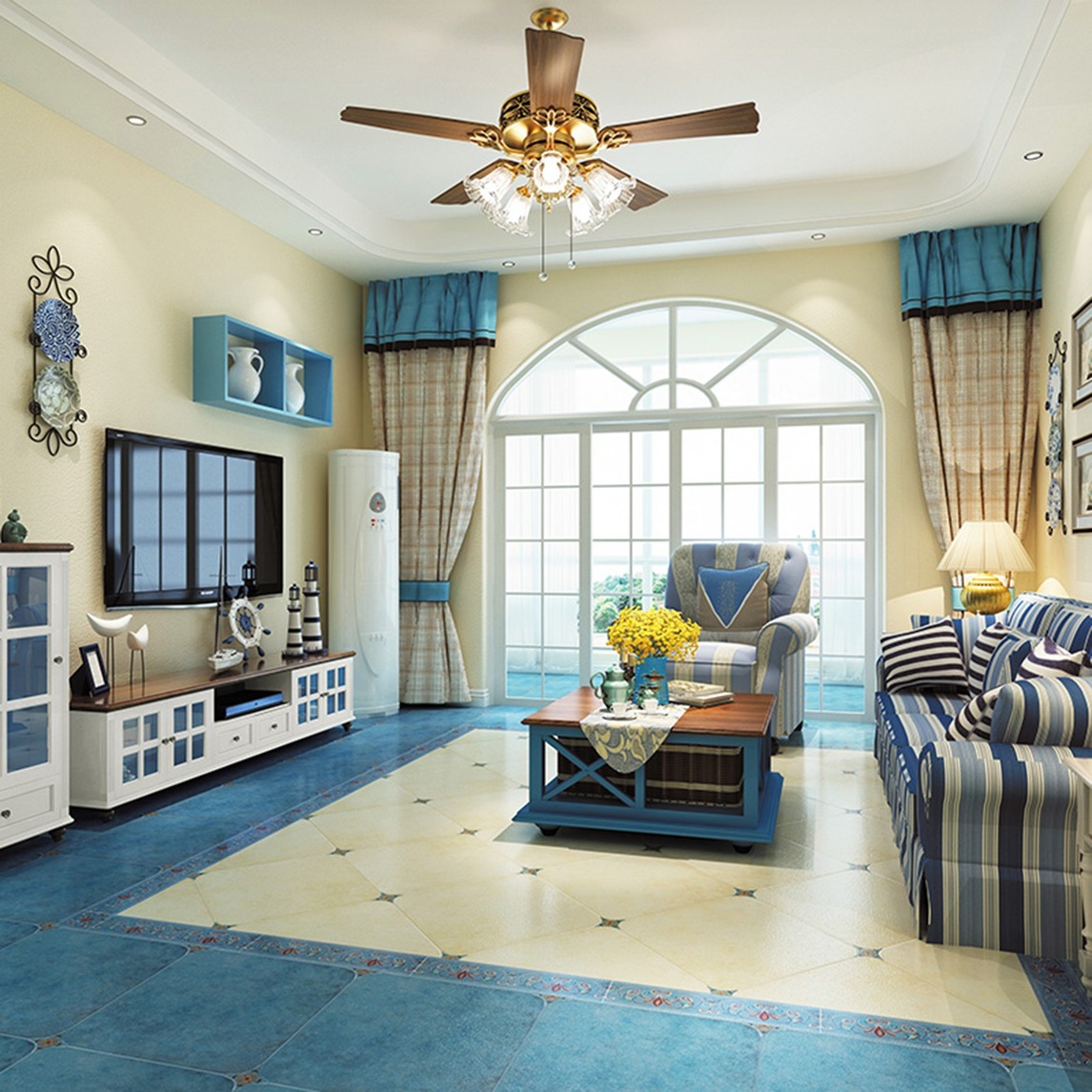 地中海客厅复古地砖瓷砖防滑仿古砖 - 佛山创坤公司设计效果图 - 躺平