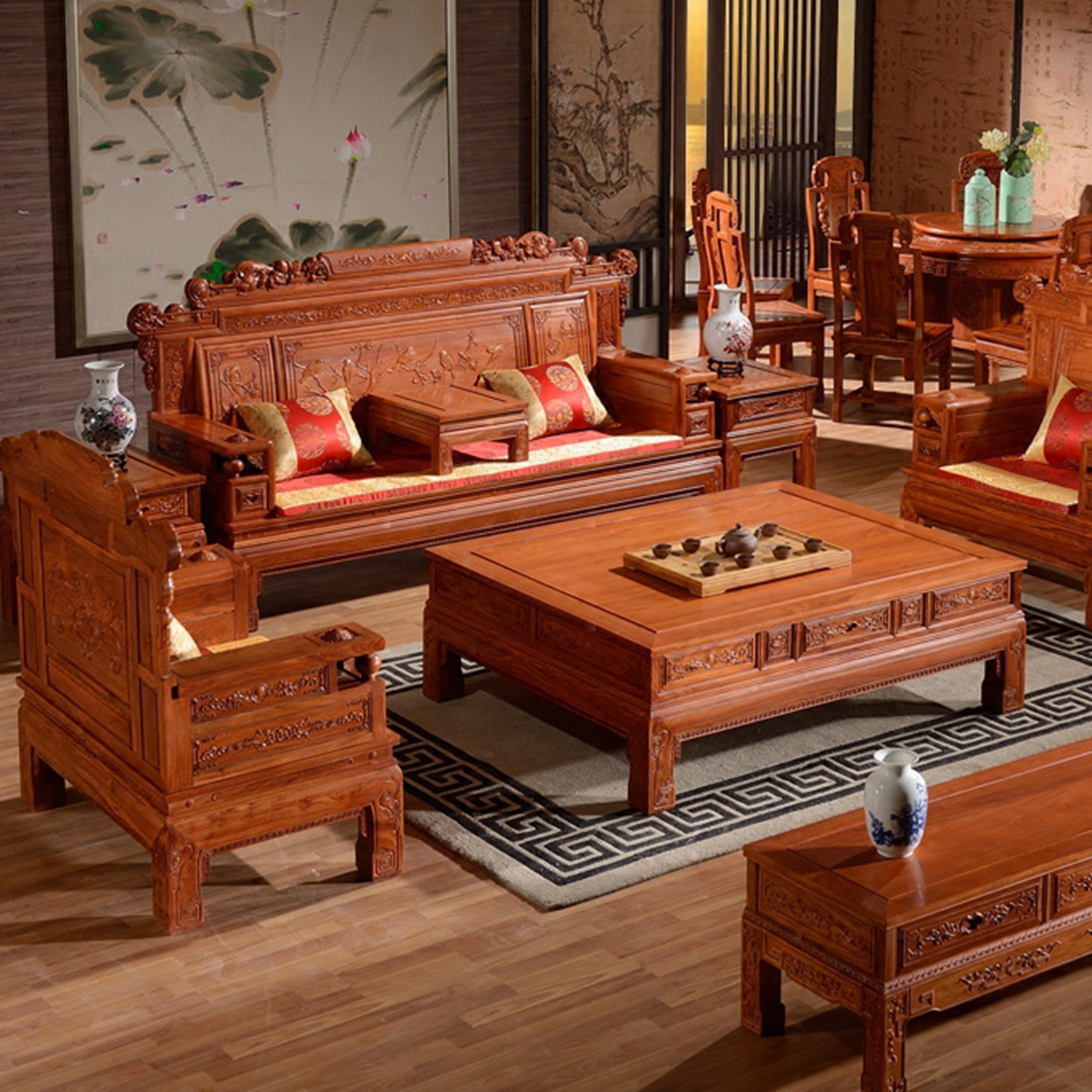 优秀作品 中式古典气韵客厅橙也ye 设计师说: 大古树红木沙发在原本中