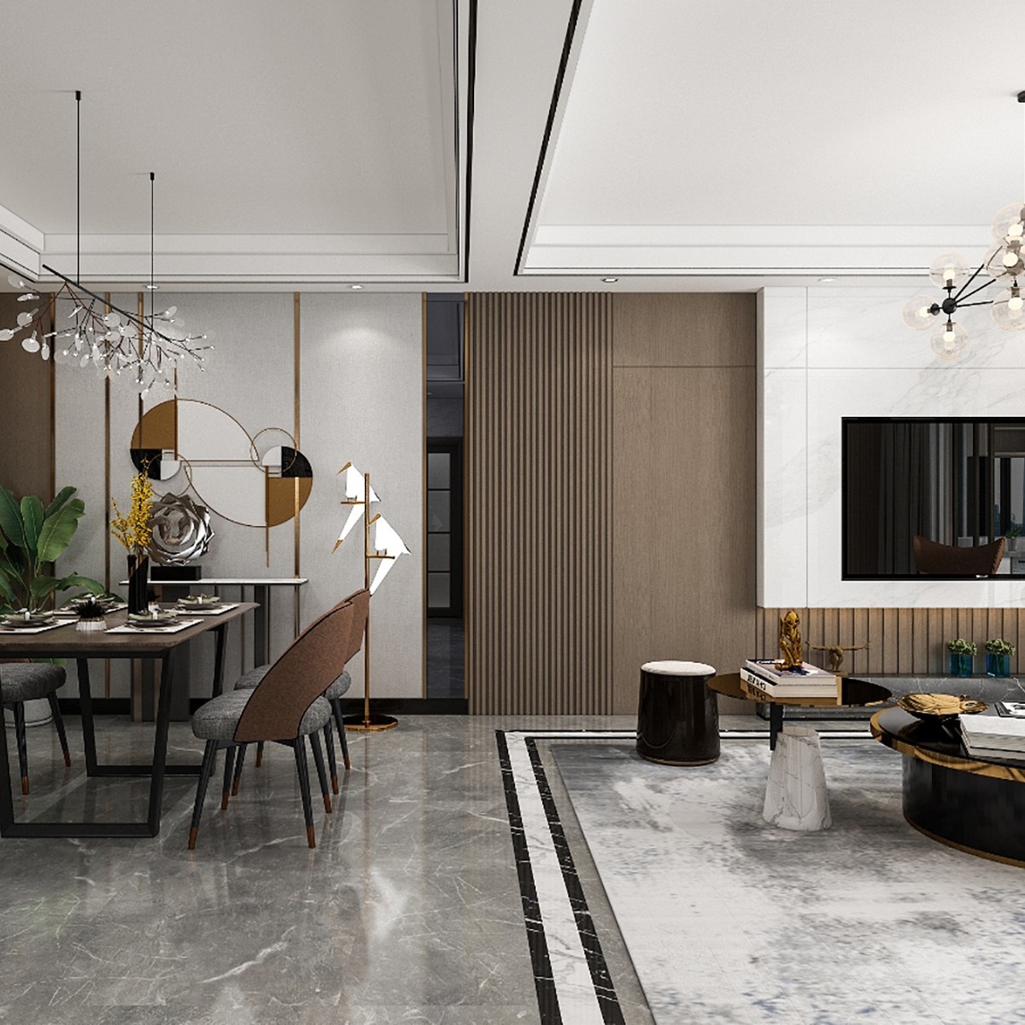 新宠轻奢主义风格,背景墙多选用木格栅!