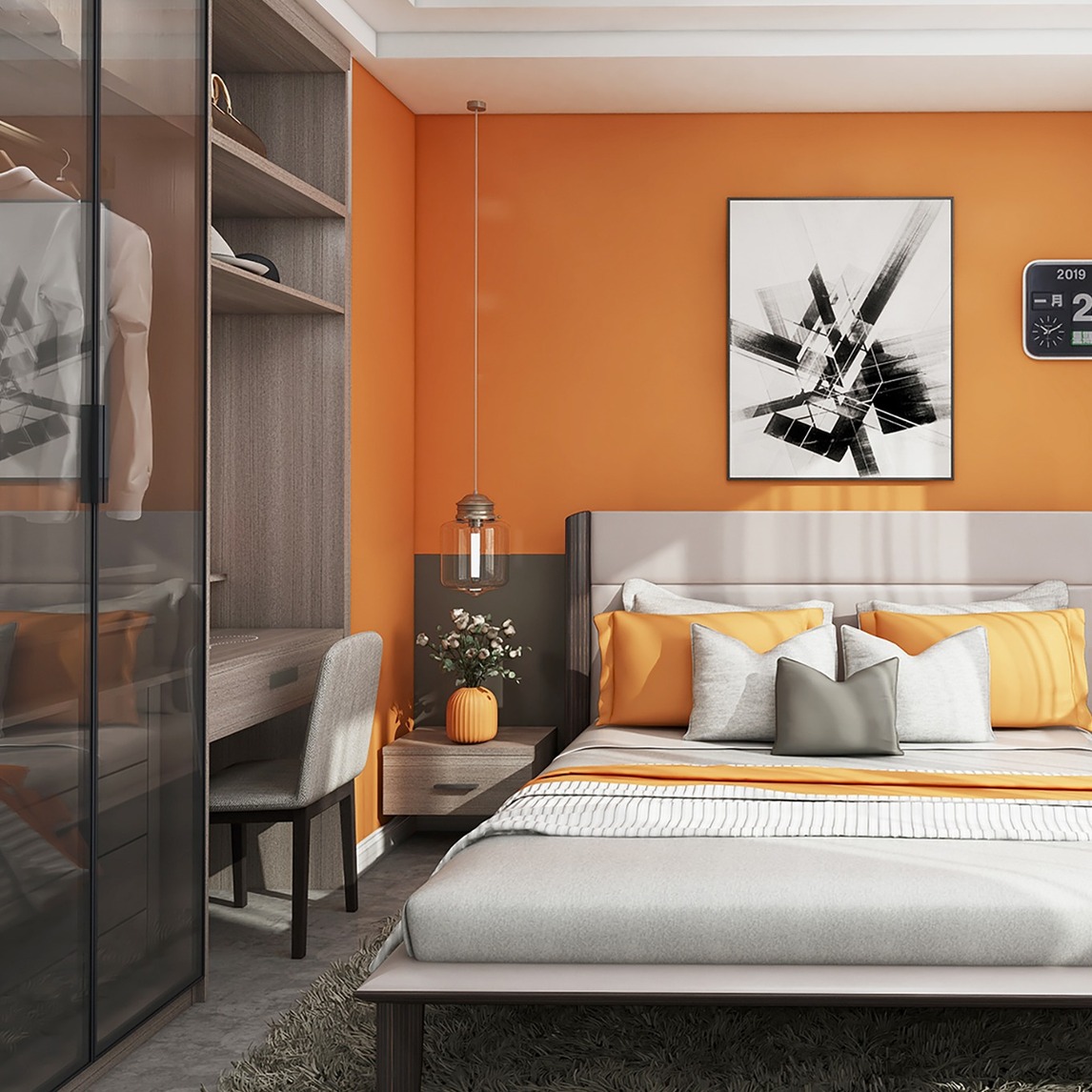 活力橙现代卧室,温度刚刚好 - 居美学馆设计效果图 - 每平每屋·设计