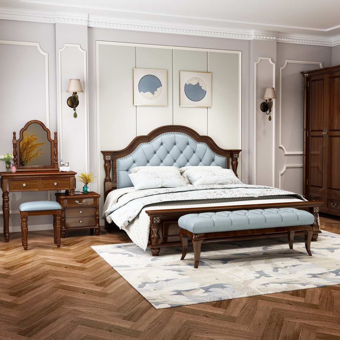 美式实木床以美式尚生活为设计理念,通过成熟练达的雕琢技艺让家具