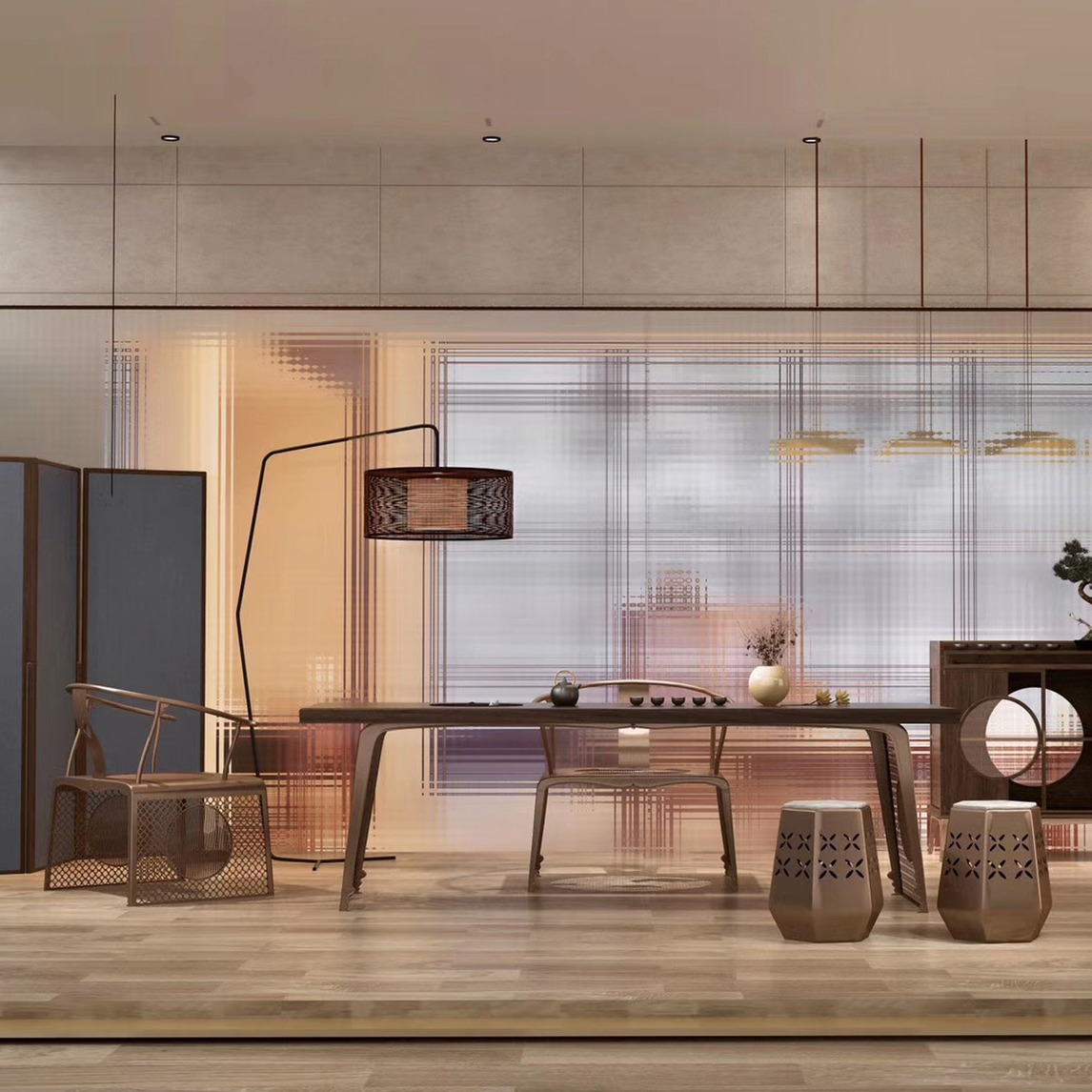 铜木的经典结合造就禅茶茶室空间