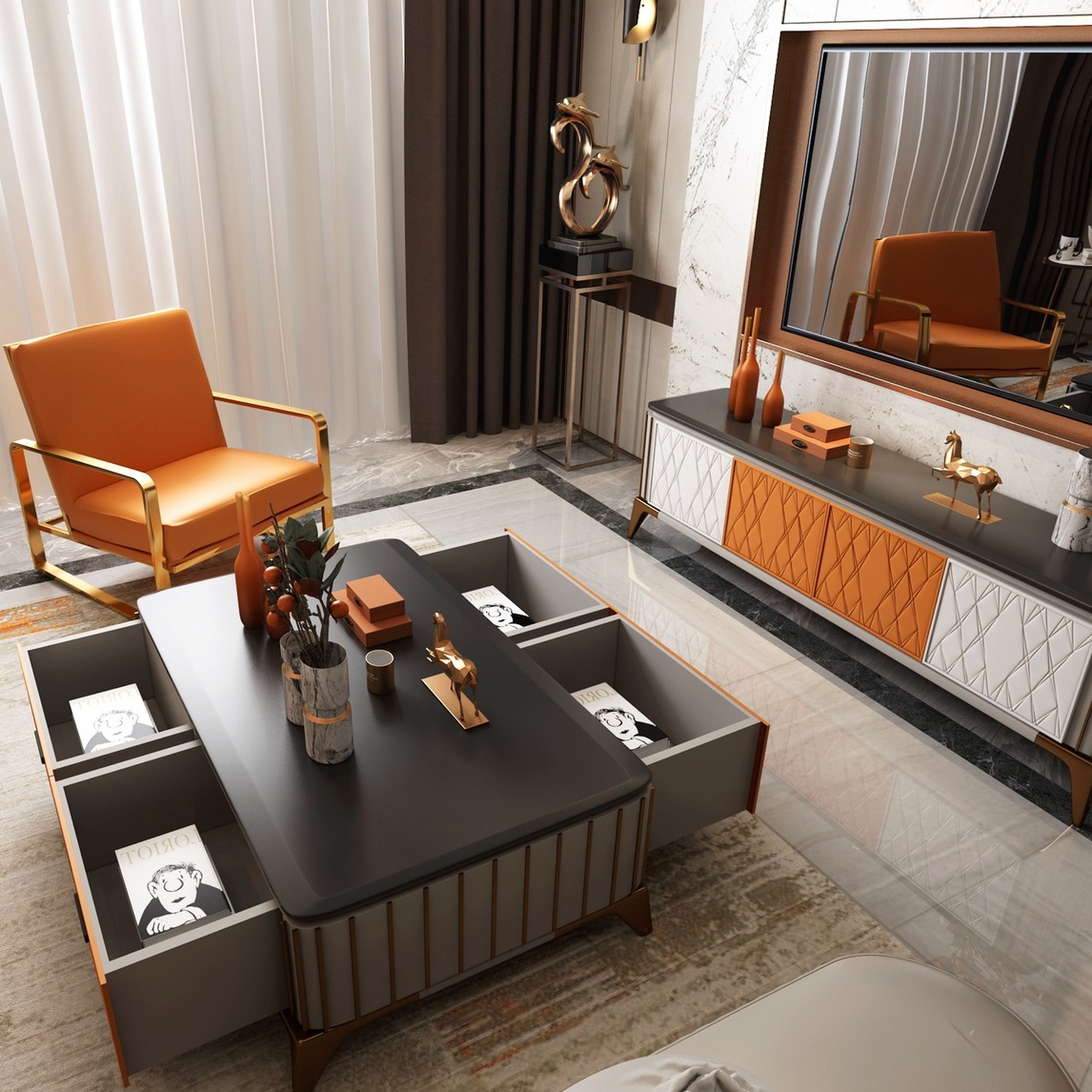 爱马仕橙茶几电视柜 - 家具哥001设计效果图 - 每平每屋·设计家