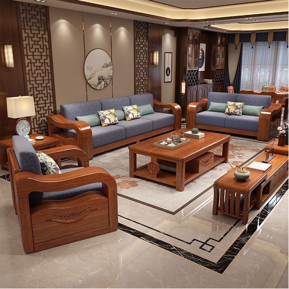 新中式全实木沙发组合 - 源穆木家具设计效果图 - 每平每屋·设计家