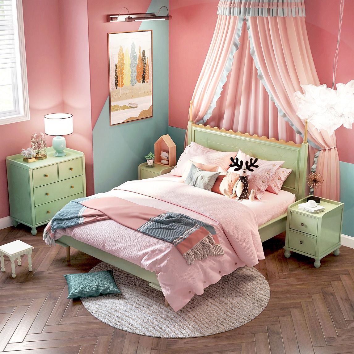 儿童ins风格实木床精灵绿