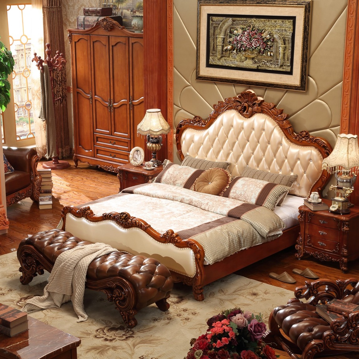 孔雀雕花实木床