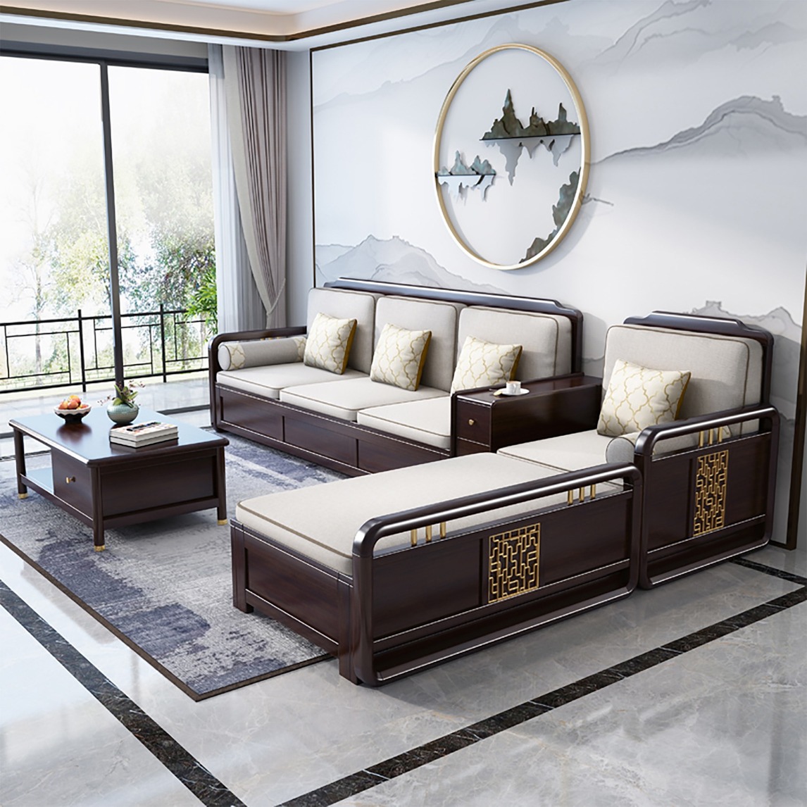 新中式胡桃木储物实木沙发