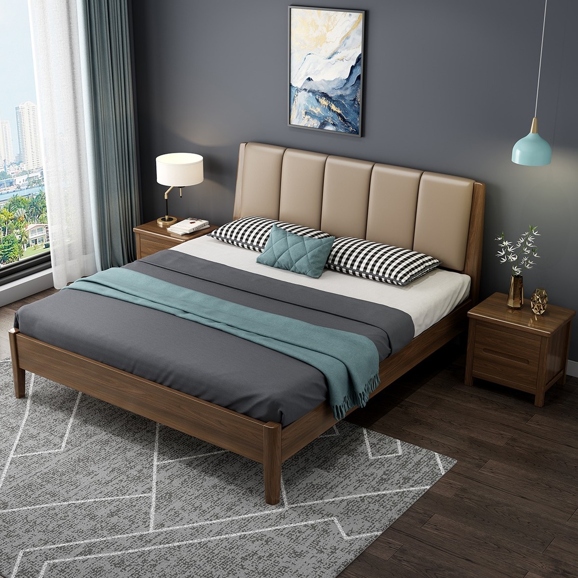 胡桃木软靠实木床 - 纽罗宾设计师设计效果图 - 每平每屋·设计家