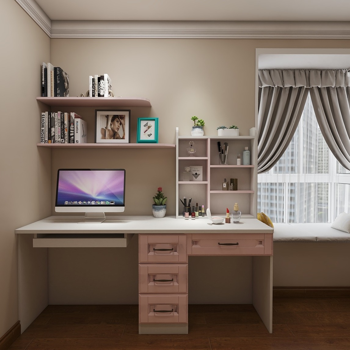 给你们看看我卧室的裸粉色书桌 - 品爱全屋定制-美居店设计效果图
