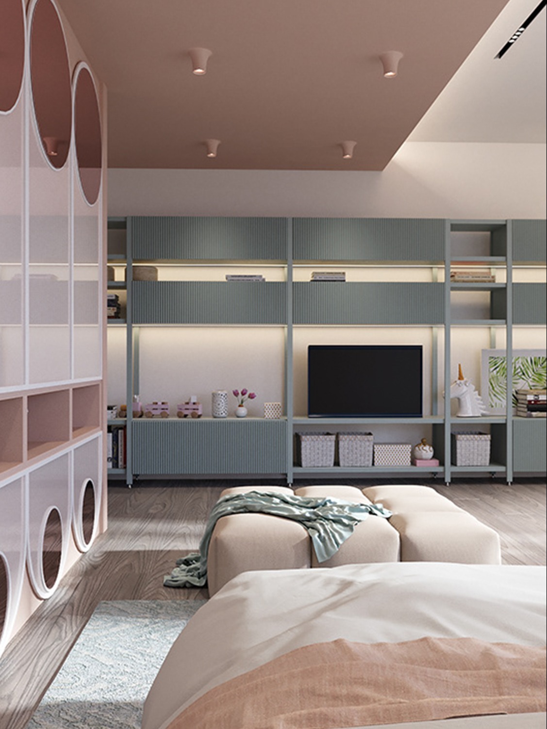 客厅整体收纳柜定制设计 - 居美术设计效果图 - 每平每屋·设计家