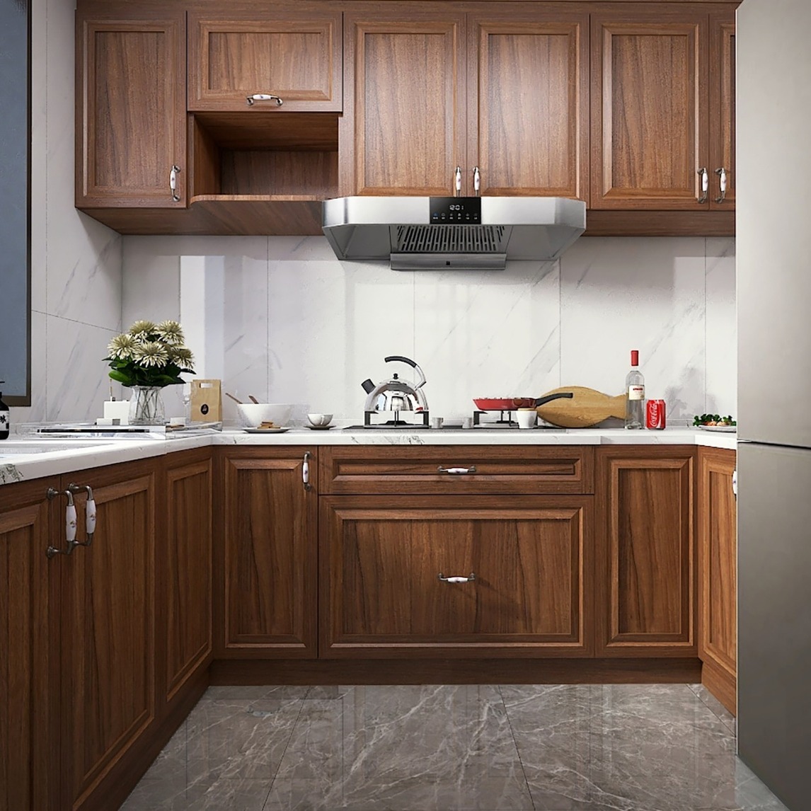 新中式中窥见胡桃木纹理厨房 - 杭州欧派橱柜 月星店设计效果图 - 每