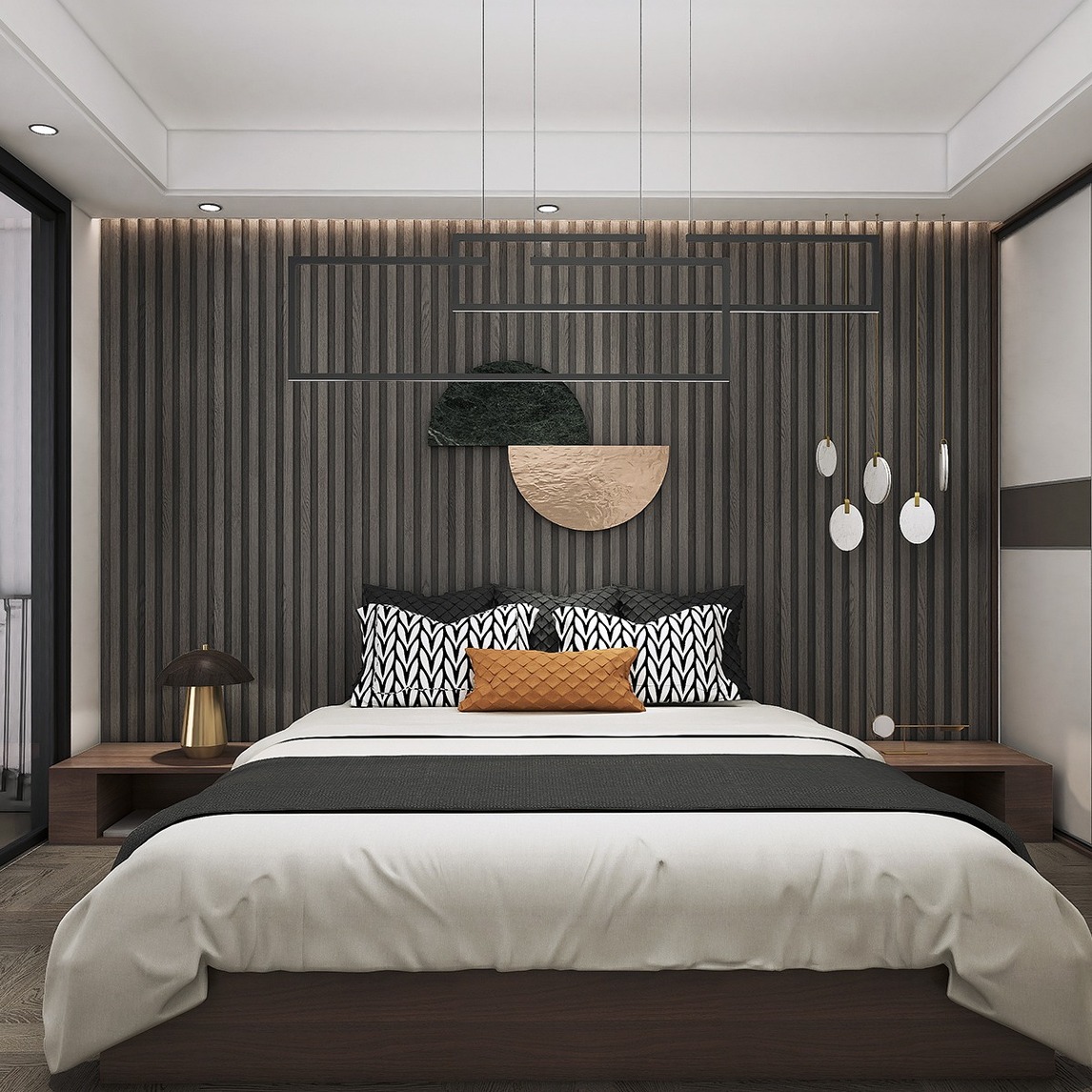 几何格栅墙面卧室凹出高级感妥妥的