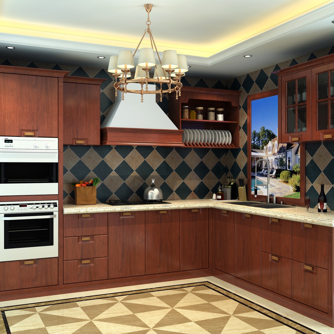 格纹 美式橱柜,复古典雅厨房