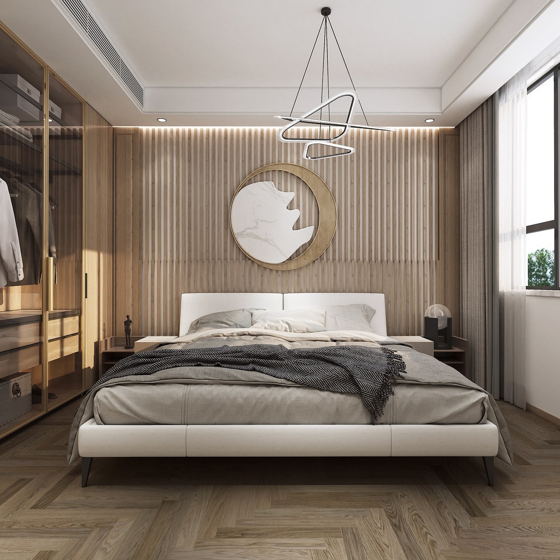 灯带格栅设计这样的卧室轻奢质感爱了