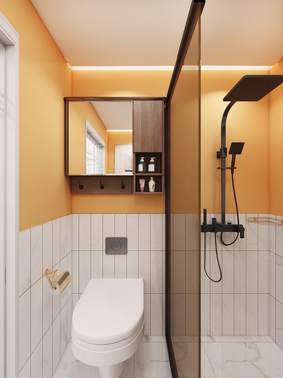 半墙贴砖鹅黄色拥有艺术感卫生间