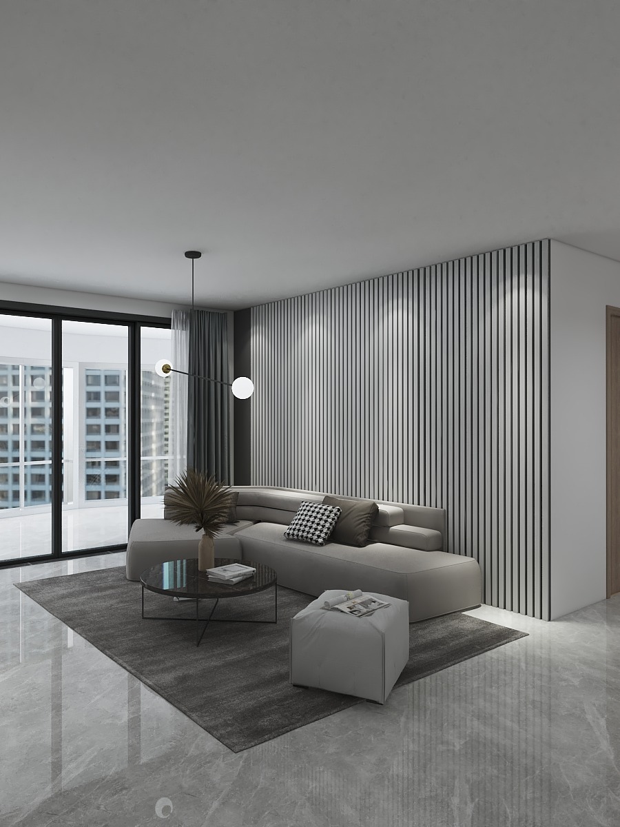 背景墙做竖纹格栅,打造展厅级客厅