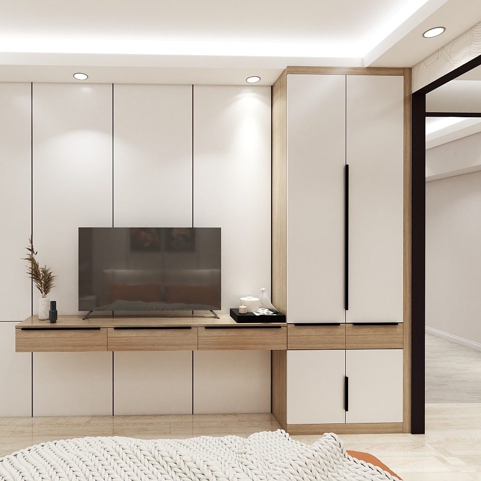 木纹白饰面拼接衣柜丰富空间层次感