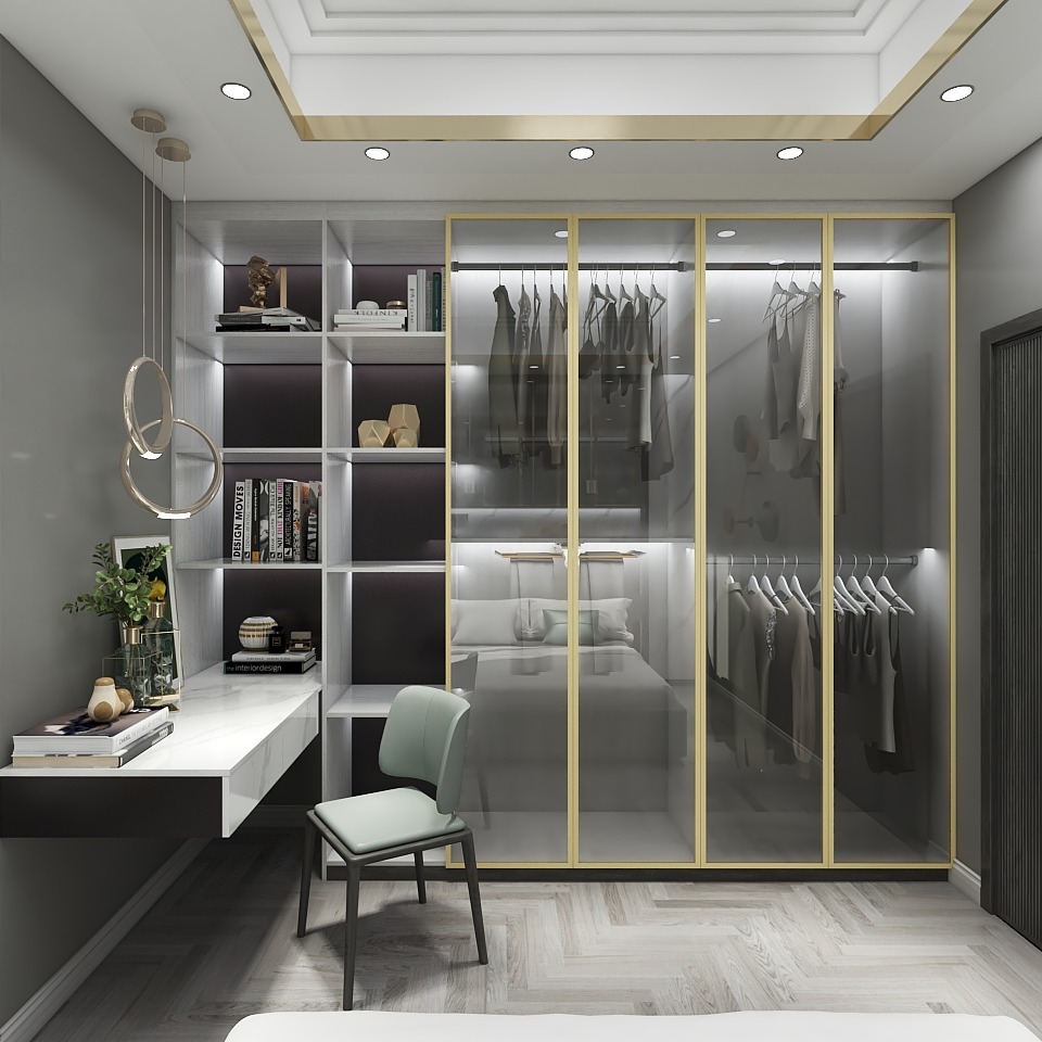 细金属玻璃柜门打造轻奢次卧衣帽间
