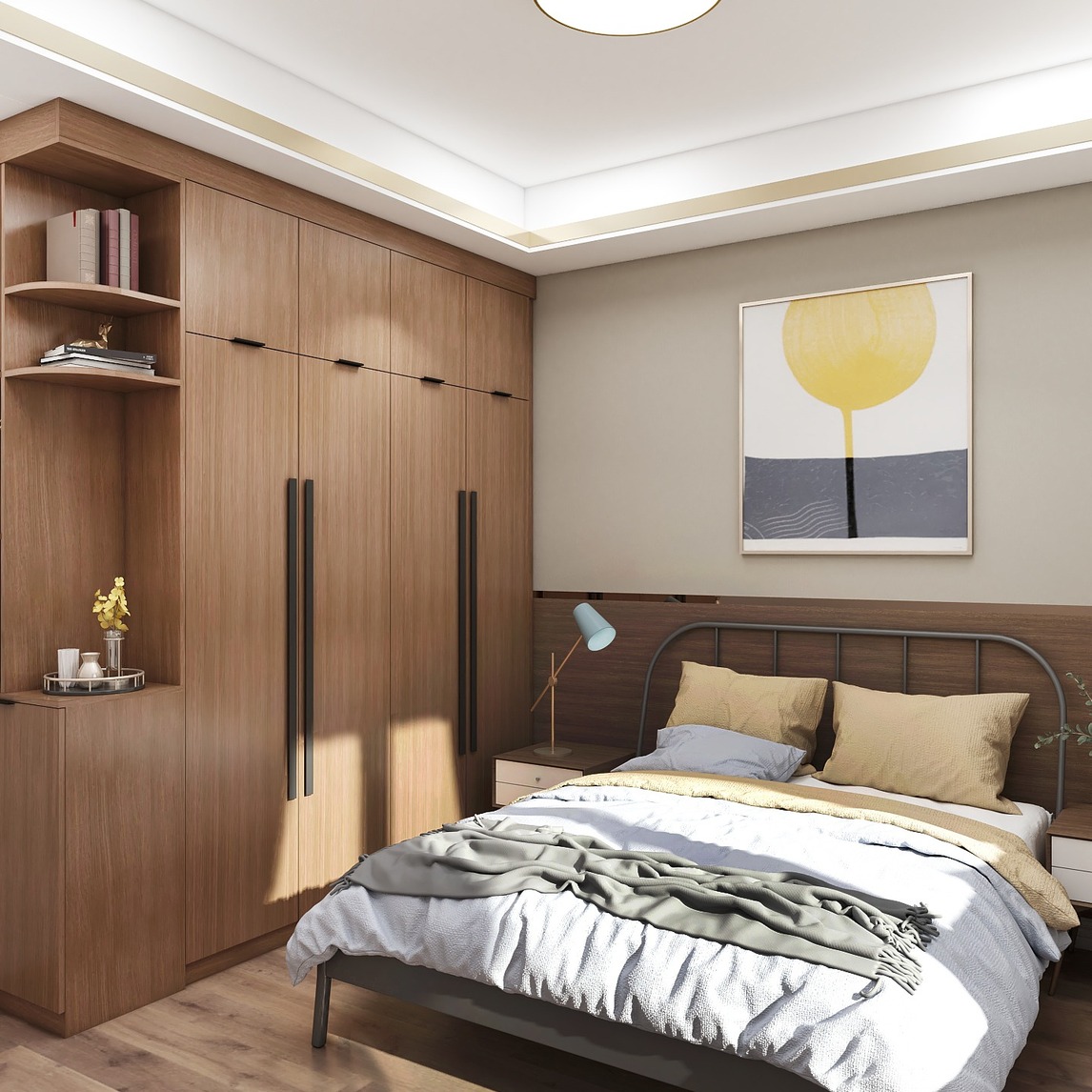 胡桃色的衣柜,让卧室显得静谧而沉稳