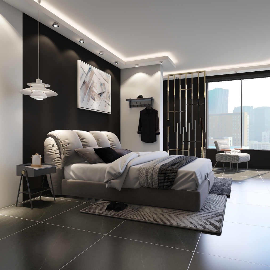 干净大气现代家，简约黑白灰塑高品质卧室 - 美范儿设计效果图 - 每平每屋·设计家