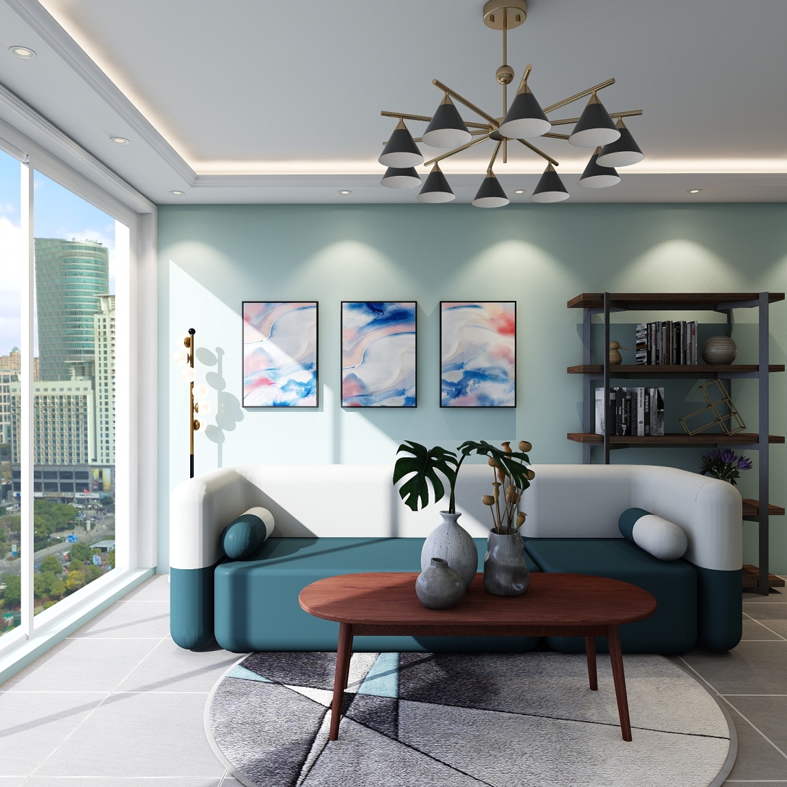 新中式风格客厅蓝色窗帘装修效果图