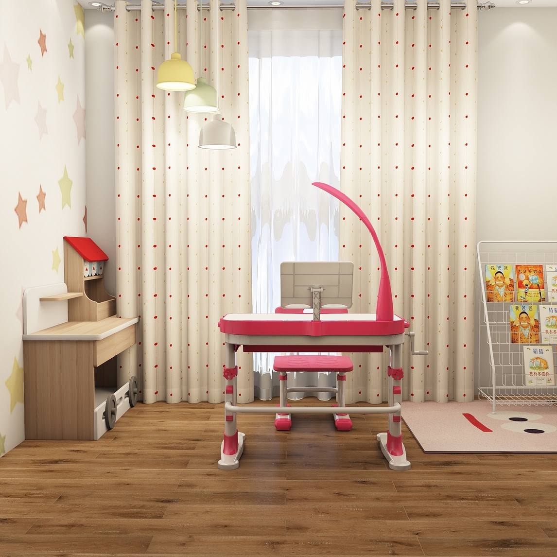 儿童房书房学习桌女孩房空间场景 - 居研所设计效果图 - 每平每屋