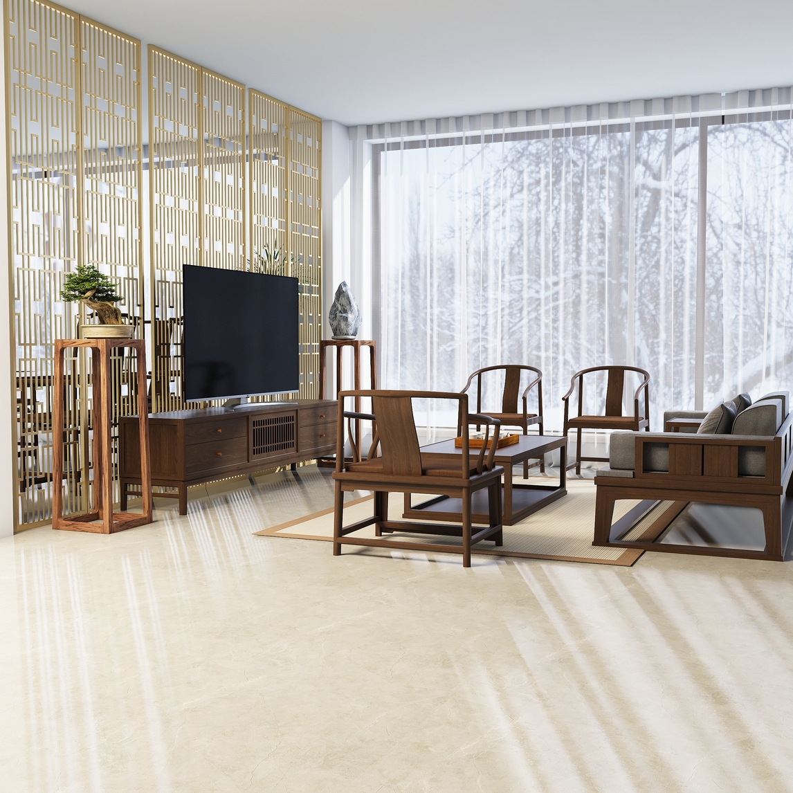 新中式客厅,古风古韵 - 斑马设计设计效果图 - 每平每屋·设计家