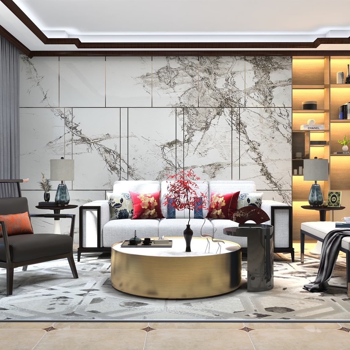 红色主题的新中式客厅设计