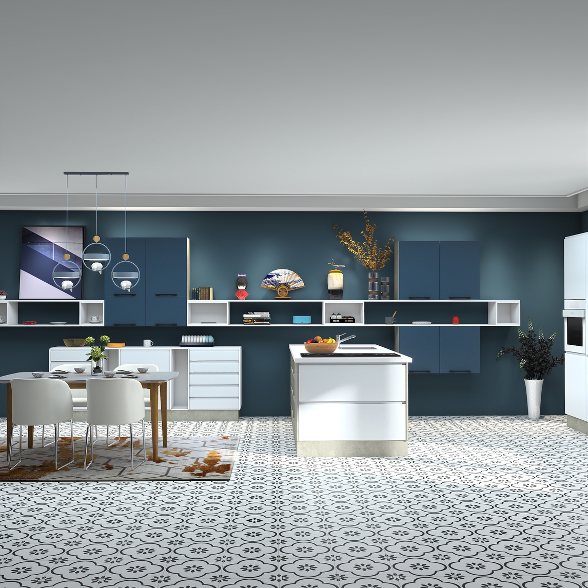 doho德国进口开放式西式灰蓝色厨房 - doho全屋定制设计效果图 - 每平