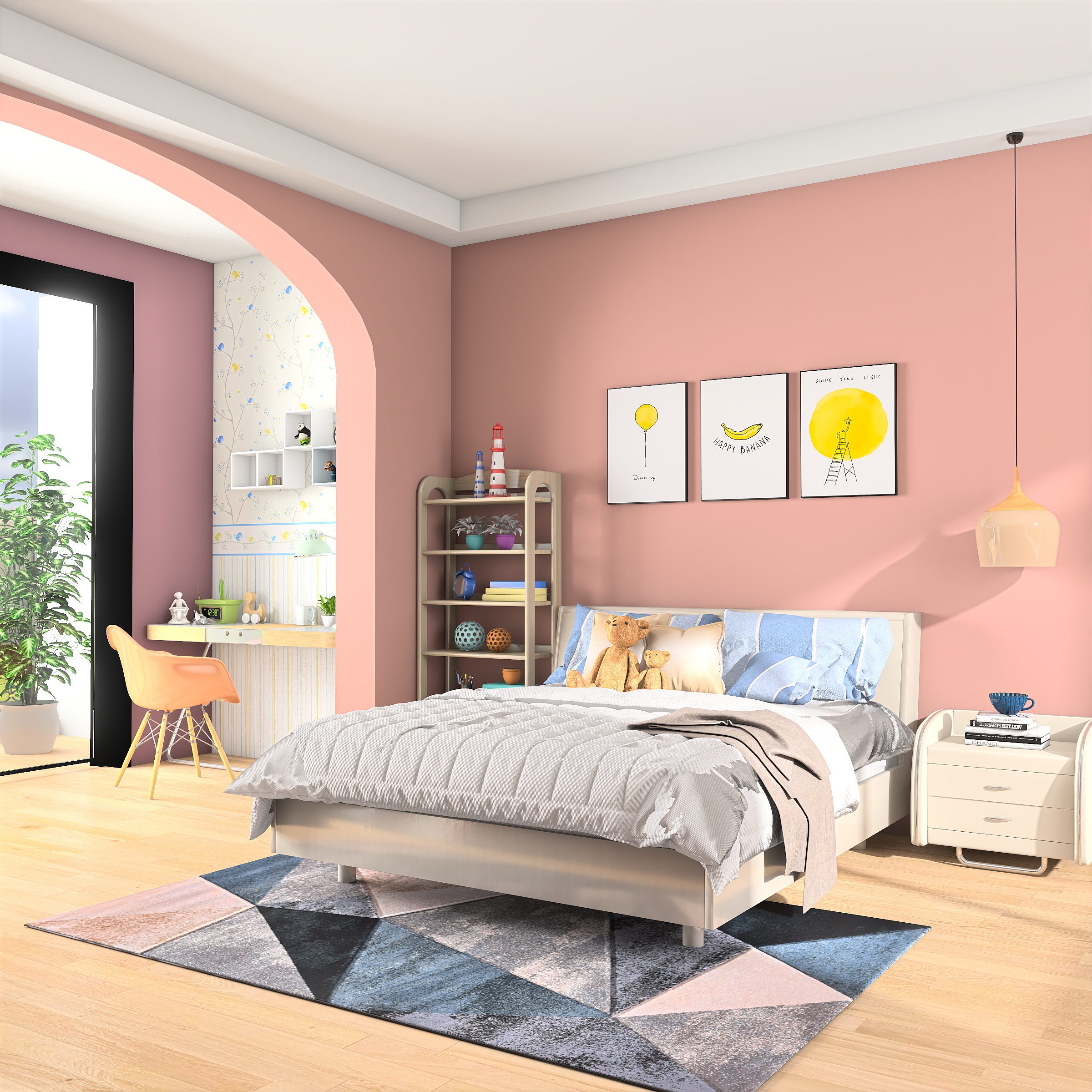 粉色的卧室,当夜幕降临,灯光泛着微弱的光线,打在墙上,反射出粉色