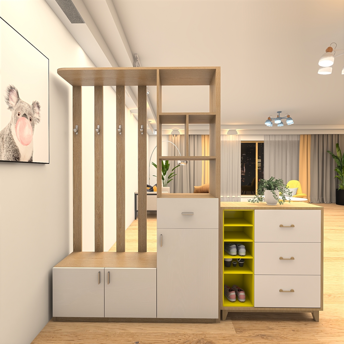 原木配色玄关柜打造一站式起居 - 橙子家居y设计效果图 - 每平每屋