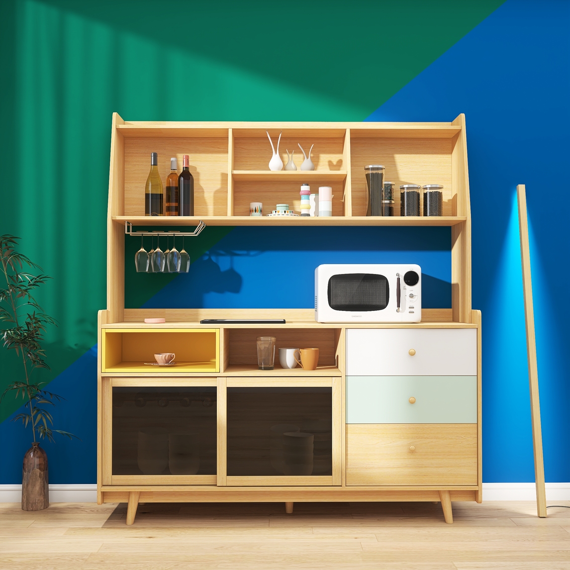 日式风实木餐边柜,时尚拼色点缀空间 - DAEWOO大宇设计效果图 - 居然设计家