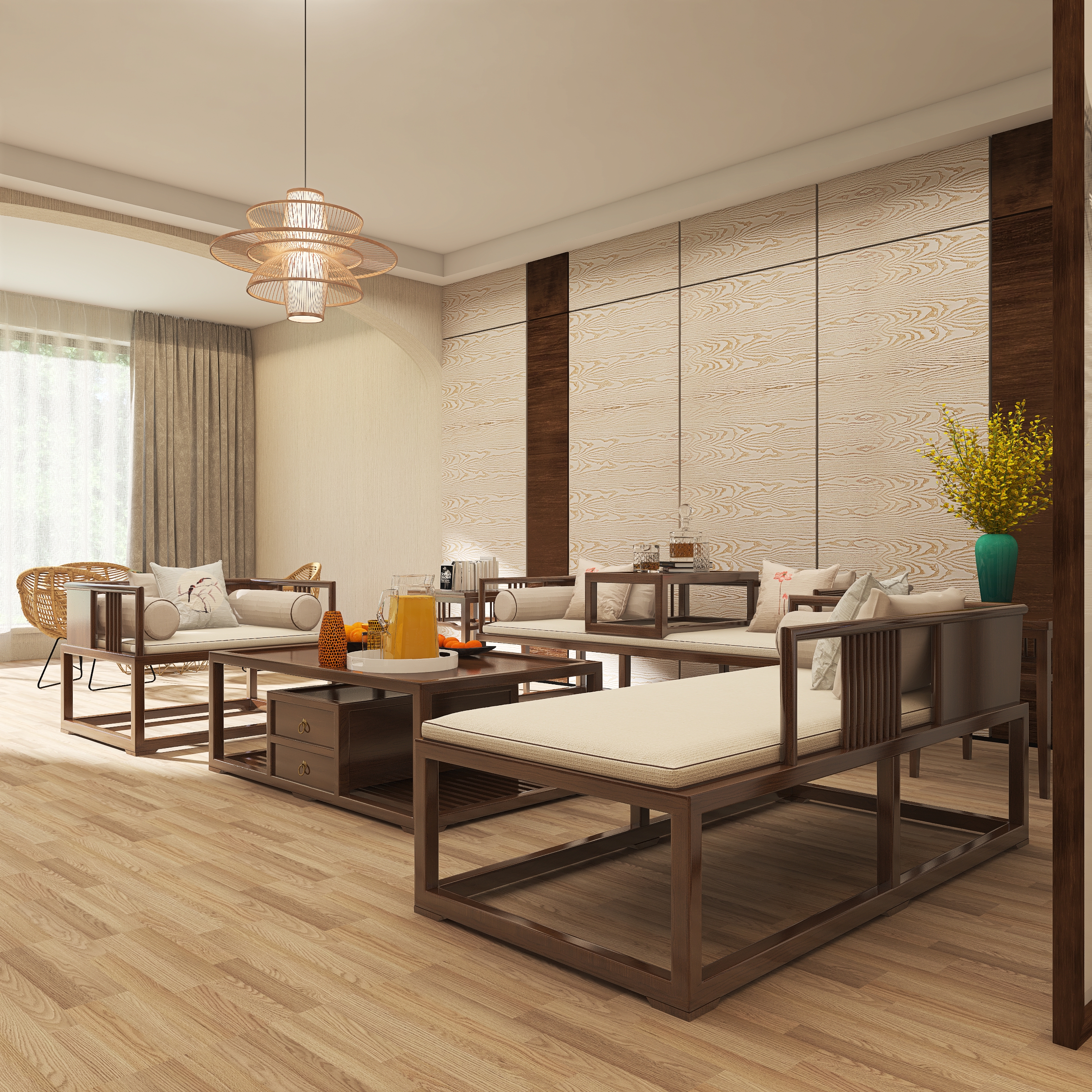 运用暖色和黑檀木色作为基调,原木色和造型简约的新中式实木沙发为居