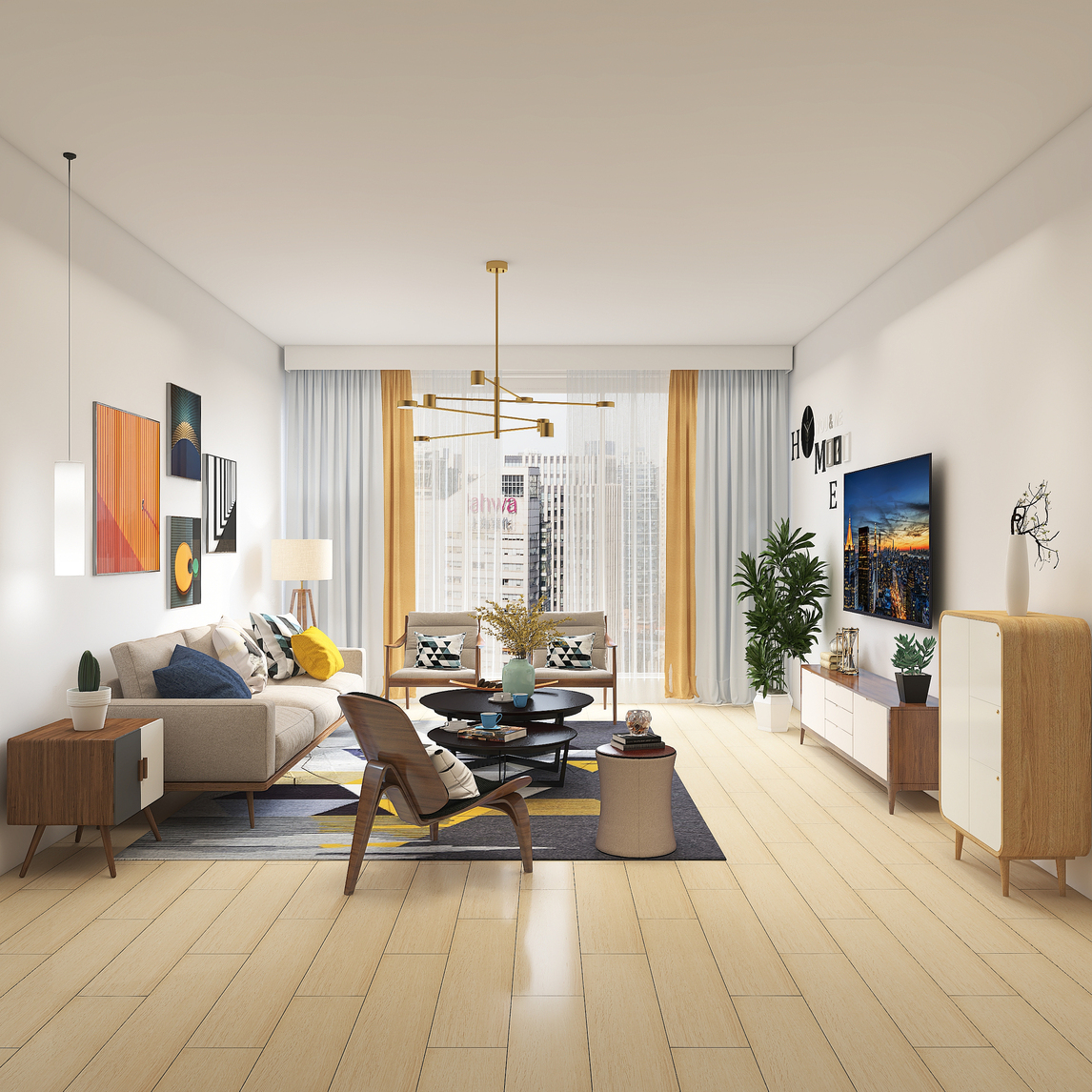 现代北欧混搭 客厅木纹砖尽显气质 - 玛缇先生设计效果图 - 每平每屋