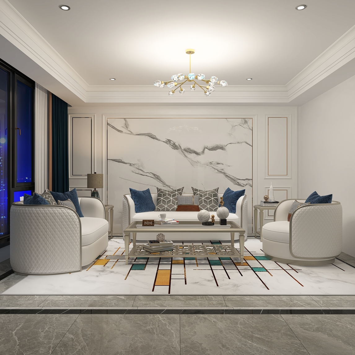 轻奢风来袭,客厅中的优雅奢华生活 - 简菲娜设计效果图 - 每平每屋